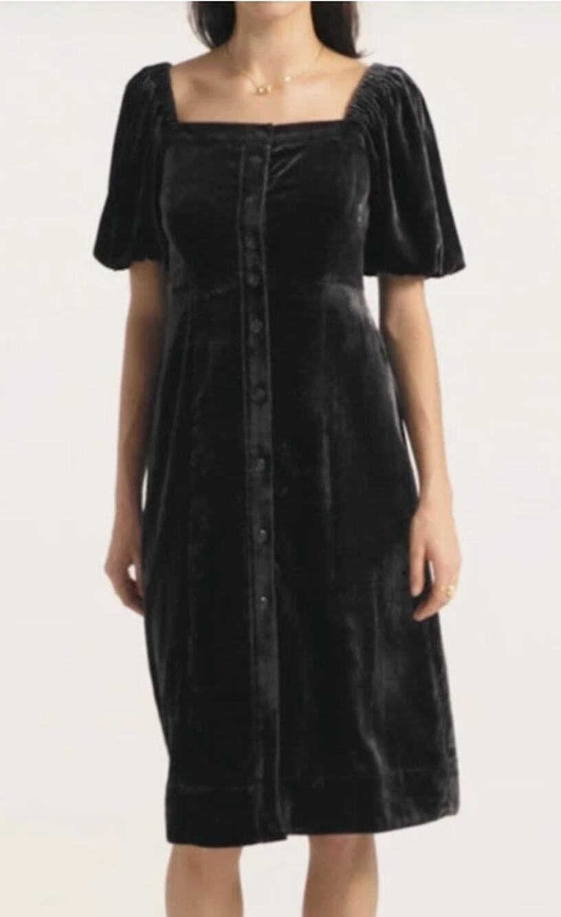 J.CREW Women's Velvet Midi Dress Size 10 Black Puff-Sleeve Button Front BD492